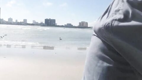 Hairy Bear Jerks Off on a Public Beach - Big Cum Shot