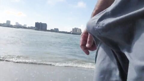 Hairy Bear Jerks Off on a Public Beach - Big Cum Shot