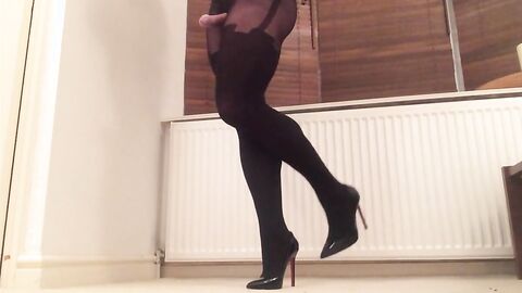 Black Suspender Pantyhose - Amateur Big Cock Crossdresser