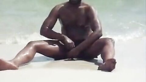 Black Amateur Strokes His Big Cock Outdoors at the Beach