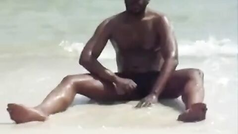 Black Amateur Strokes His Big Cock Outdoors at the Beach