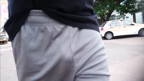 Freeballing Grey Shorts: Flaccid Cock Swinging Outdoors