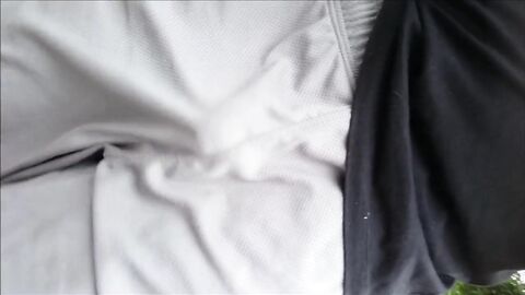 Freeballing Grey Shorts: Flaccid Cock Swinging Outdoors