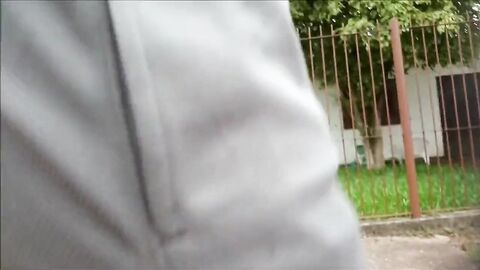 Freeballing Grey Shorts: Flaccid Cock Swinging Outdoors