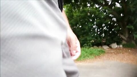 Freeballing Grey Shorts: Flaccid Cock Swinging Outdoors