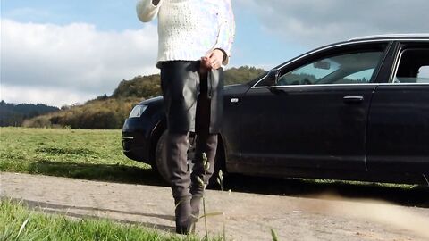 Old Smoking Crossdresser Jacks Off Outdoors