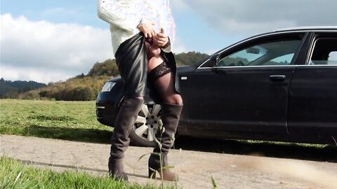 Old Smoking Crossdresser Jacks Off Outdoors