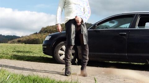 Old Smoking Crossdresser Jacks Off Outdoors