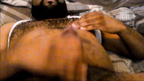 Hairy Black Man Jerks Off, Showing Off His Chest and Belly