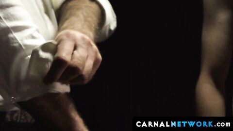 Felix Kamp presses the boy's moaning mouth into his bulging groin after fingering his