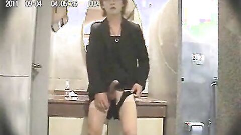 Asian Crossdresser Masturbates in a Public Bathroom