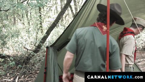 Landon Davis blowjobs and deepthroats the scoutmaster and gets fucked in doggy-style