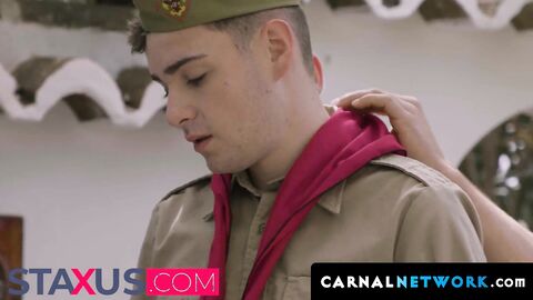 The twink scout Trent got spit-roasted by the scoutmaster Eddie Patrick and another t