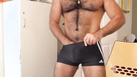 Hairy Asian Guy Strokes His Big Cock