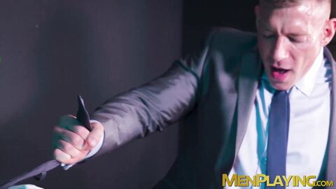 Suited Mark Vallant serves sloppy blowjob in an ass fucking with Bruce Beckham