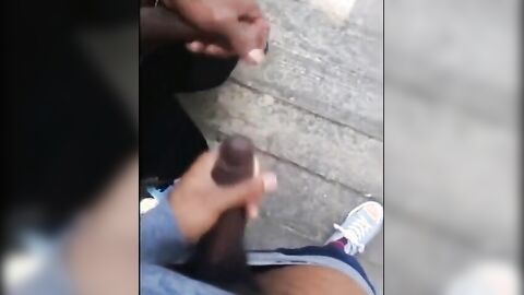 Black amateurs stroke big cocks outdoors