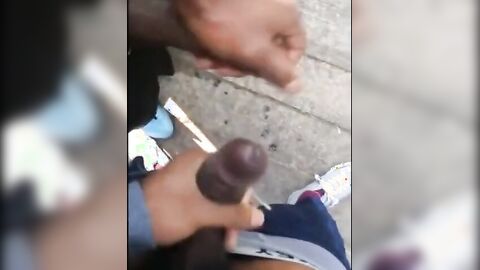 Black amateurs stroke big cocks outdoors
