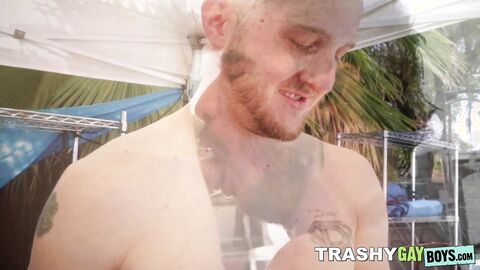 Muscled man Caine OConner masturbates before a hardcore barebacking