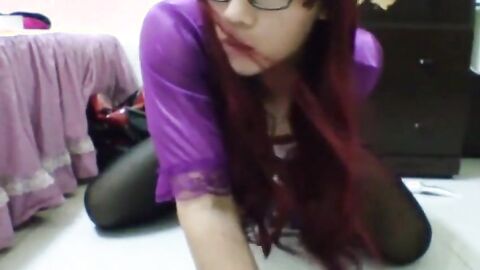 Asian Crossdresser Jacks Off in Purple