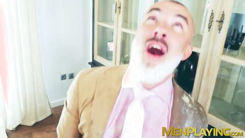 Food fighting turns into a rough ass pounding by suited Adam Franco and Sir Peter