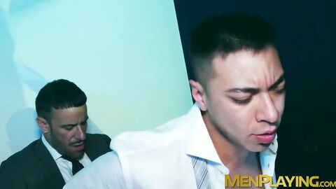 Hunky Gustavo Cruz fucked the wet ass of suited Axel Brown in the cinema