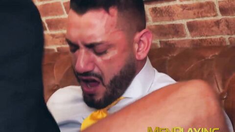 Sloppy blowjob and cock riding by suited Dani Robles and barber Leo La Rosa