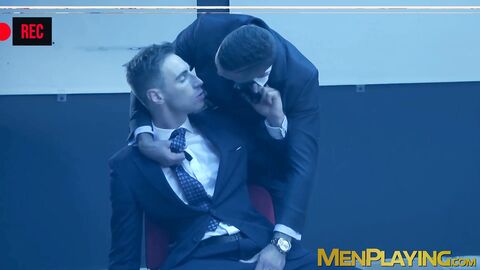 Suited Emir Boscatto sucked dicked and ass fucked by hottie Kayden Gray