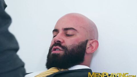 Wet Leo Galileo jerked off before getting anal fucked by suited Bruno Max