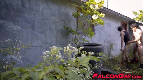 Outdoor bareback with men Rocky Vallarta and Edward Terrant
