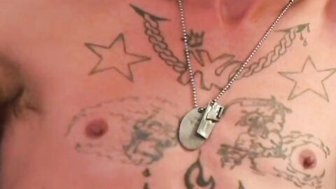 Old tattooed gay masturbates his thick cock in intense solo
