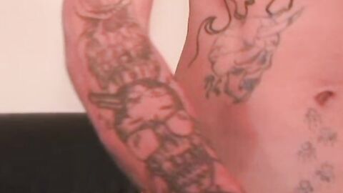 Old tattooed gay masturbates his thick cock in intense solo