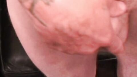 Old tattooed gay masturbates his thick cock in intense solo