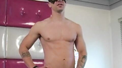 Masked athletic stud Troy does an interview before jerking