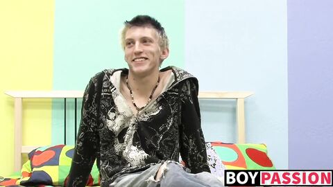 Skinny teenager Ian jerks off his big cock after interview