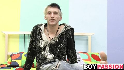 Skinny teenager Ian jerks off his big cock after interview