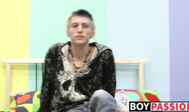 Skinny teenager Ian jerks off his big cock after interview