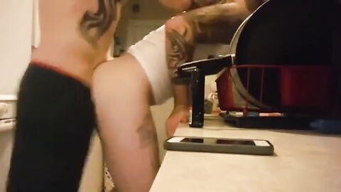 Tattooed Muscle Hunk Barebacks his Boy after Work