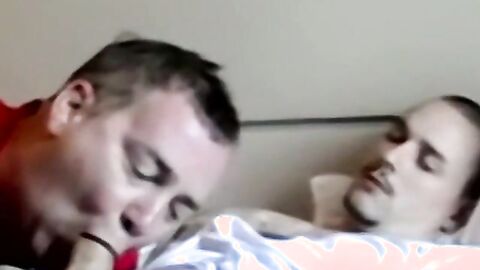 Chubby man receives cum in mouth in interracial threesome