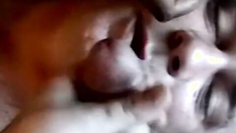 Chubby man receives cum in mouth in interracial threesome