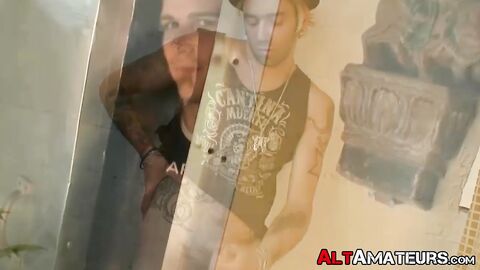 Sexy tattooed amateur jock jerks off while voyeur watches