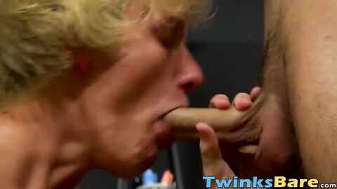 Twink jerks himself off and cums while riding big bare dick