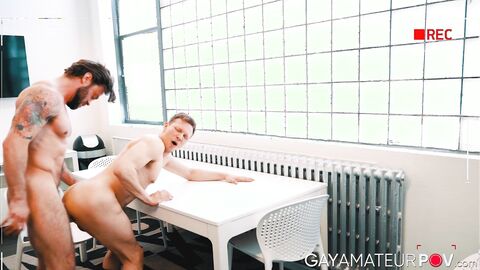Deepthroating and hardcore ass pounding on the table by blonde Ethan Chase and hottie