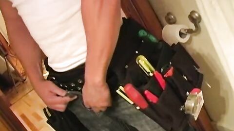 Masked repair man strips naked and blown by gay man