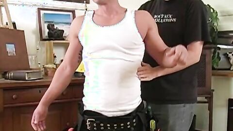 Masked repair man strips naked and blown by gay man