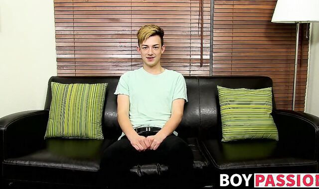 Adorable twink is interviewed and then he takes a big toy