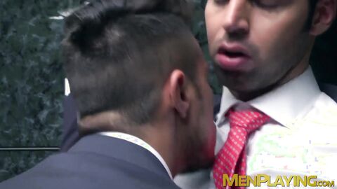 Inked muscle businessmen fuck doggystyle during office hours