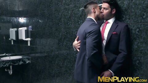 Inked muscle businessmen fuck doggystyle during office hours