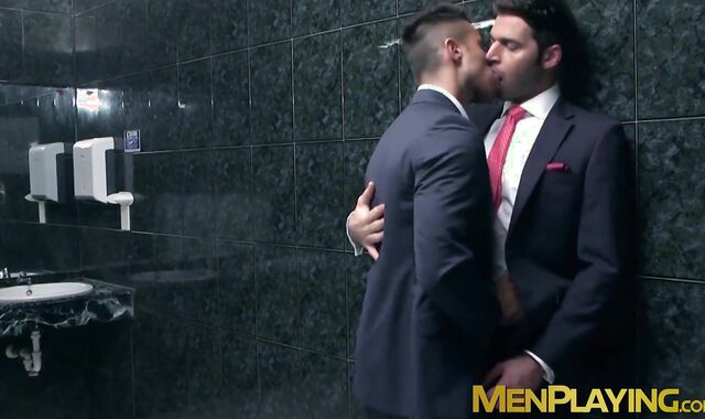 Inked muscle businessmen fuck doggystyle during office hours