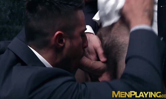 Inked muscle businessmen fuck doggystyle during office hours