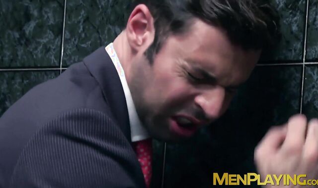 Inked muscle businessmen fuck doggystyle during office hours